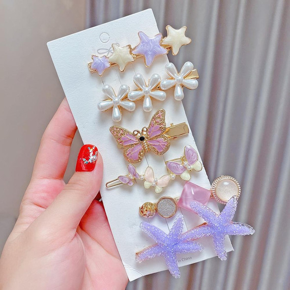 6PCS/Set Purple Alloy Colorful Hairpin Headgear Pearl Rhinestone Clip Set