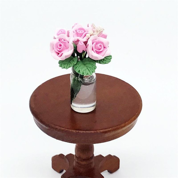 Mini Dollhouse Living Room Decoration Garden Scene Potted Roses(Pink)
