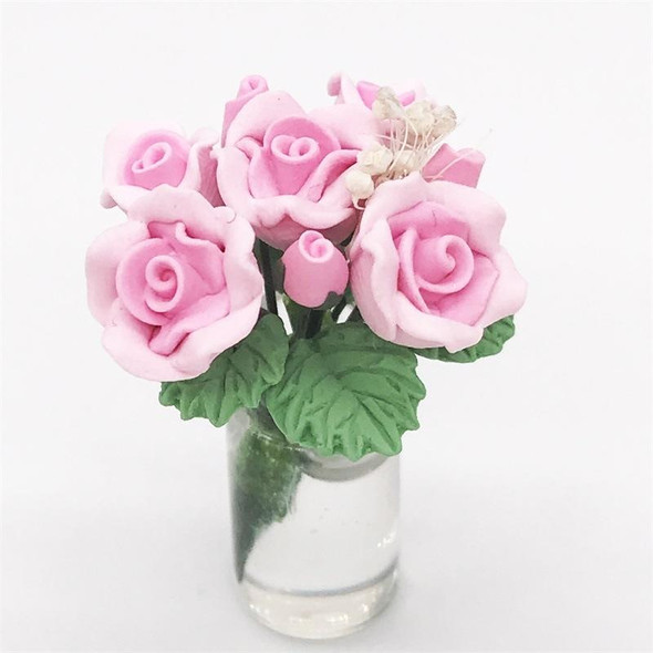 Mini Dollhouse Living Room Decoration Garden Scene Potted Roses(Pink)