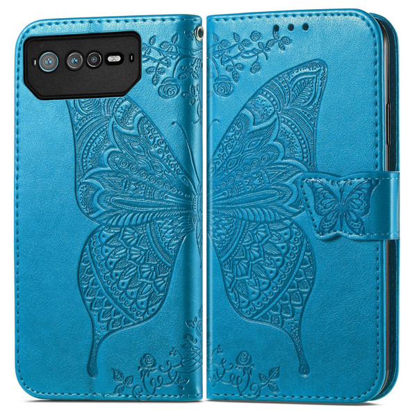 Asus ROG Phone 6 Butterfly Love Flower Embossed Flip Leatherette Phone Case(Blue)