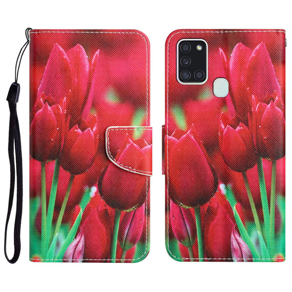 Samsung Galaxy A21s Colored Drawing Leather Phone Case(Tulips)