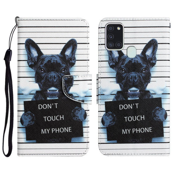 Samsung Galaxy A21s Colored Drawing Leather Phone Case(Black Dog)