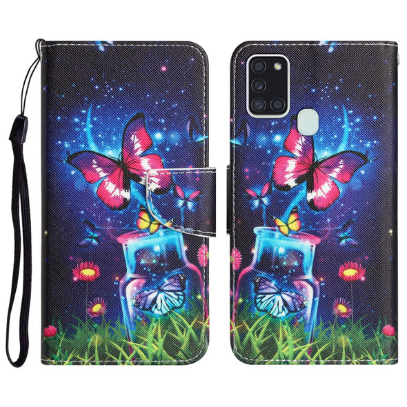 Samsung Galaxy A21s Colored Drawing Leather Phone Case(Bottle Butterfly)
