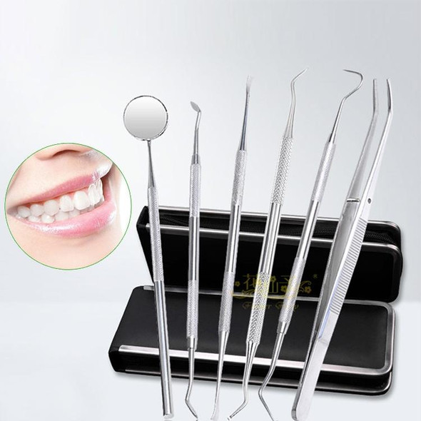 6 in 1 Dental Tool Set (Stainless Steel Probe + Hoe-shaped Dentist + Sickle Dentist + Tooth Stain Rejection Device + Dental Tweezers + Mouth Mirror)