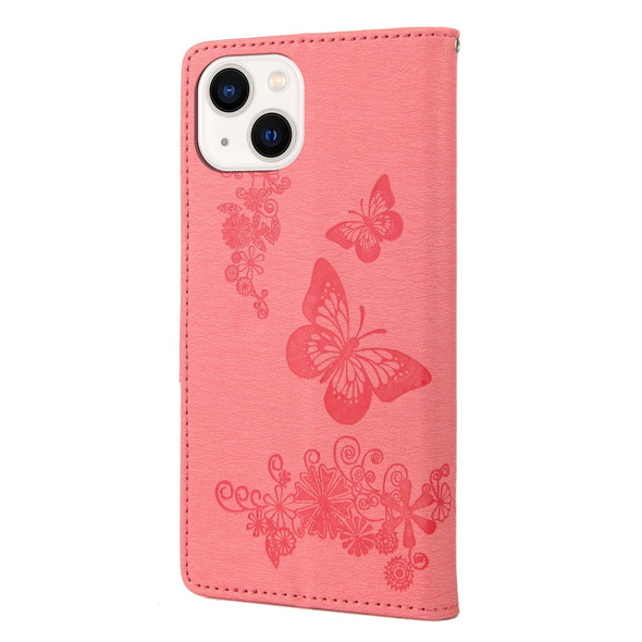 Butterfly Embossed Horizontal Flip Leatherette Phone Case - iPhone 14(Pink)