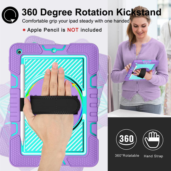 360 Degree Rotation Contrast Color Shockproof Silicone + PC Case with Holder & Hand Grip Strap & Shoulder Strap - iPad 10.2 2021 / 2020 / 2019 (Purple + Mint Green)