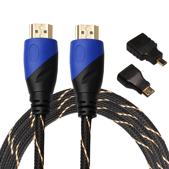 1.8m HDMI 1.4 Version 1080P Woven Net Line Blue Black Head HDMI Male to HDMI Male Audio Video Connector Adapter Cable with Mini HDMI & Micro HDMI Adapter Set
