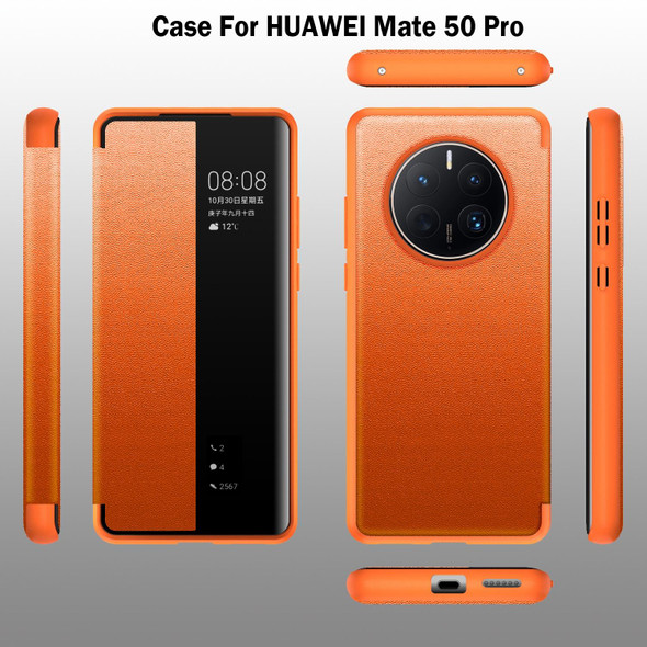 Huawei Mate 50 Pro Magnetic Side Window View Leather Smart Phone Case(Orange)