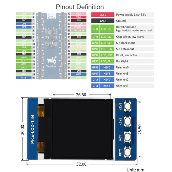 WAVESHARE 1.44 inch LCD 65K Colors 128 x 128 Display Module for Raspberry Pi Pico,  SPI Interface