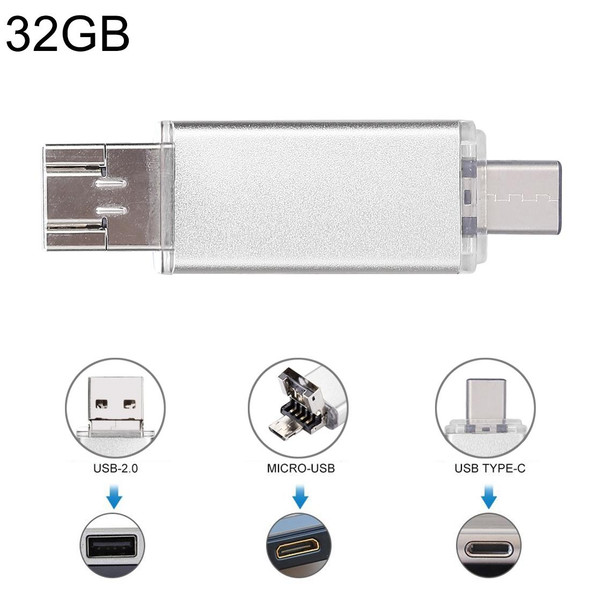 32GB 3 in 1 USB-C / Type-C + USB 2.0 + OTG Flash Disk, - Type-C Smartphones & PC Computer (Silver)
