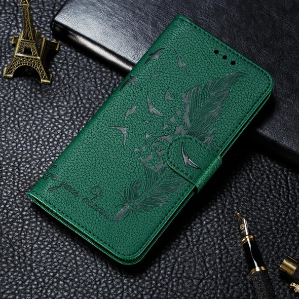 Feather Pattern Litchi Texture Horizontal Flip Leatherette Case with Wallet & Holder & Card Slots - Google Pixel 4(Green)