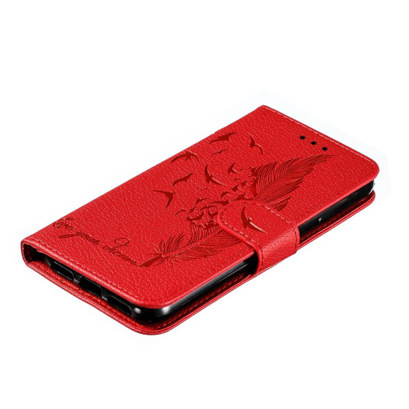 Feather Pattern Litchi Texture Horizontal Flip Leatherette Case with Wallet & Holder & Card Slots - Google Pixel 4(Red)