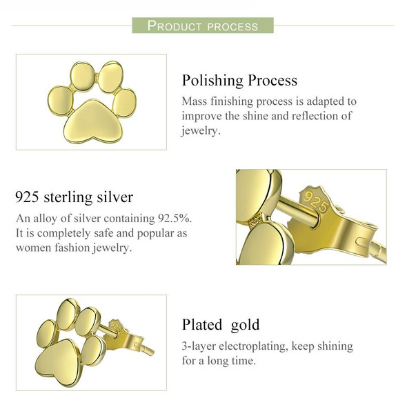 Women Fashion Pet Cat Footprints Silver Earrings, Color:Gold