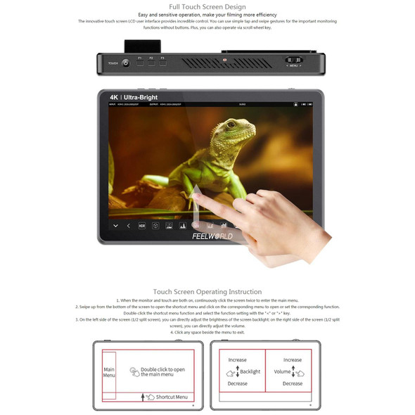 FEELWORLD LUT11S 10.1 inch Ultra High Bright 2000nit Touch Screen DSLR Camera Field Monitor, 3G-SDI 4K HDMI Input Output 1920 x 1200 IPS Panel(EU Plug)
