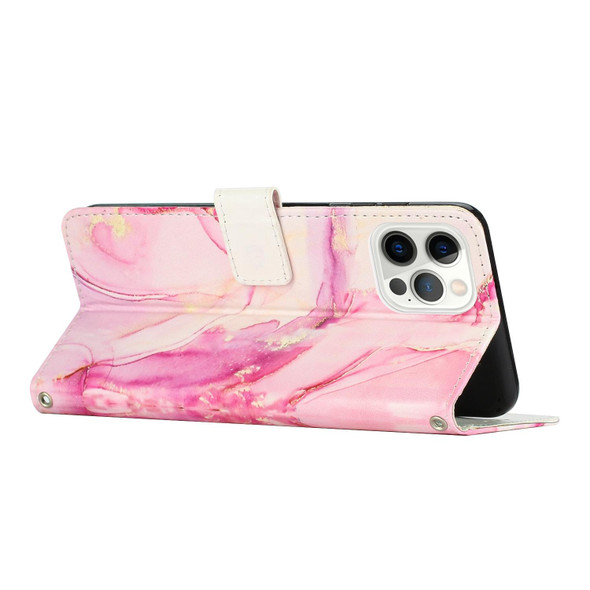 iPhone 14 Pro Max Crossbody Painted Marble Pattern Leather Phone Case (Rose Gold)