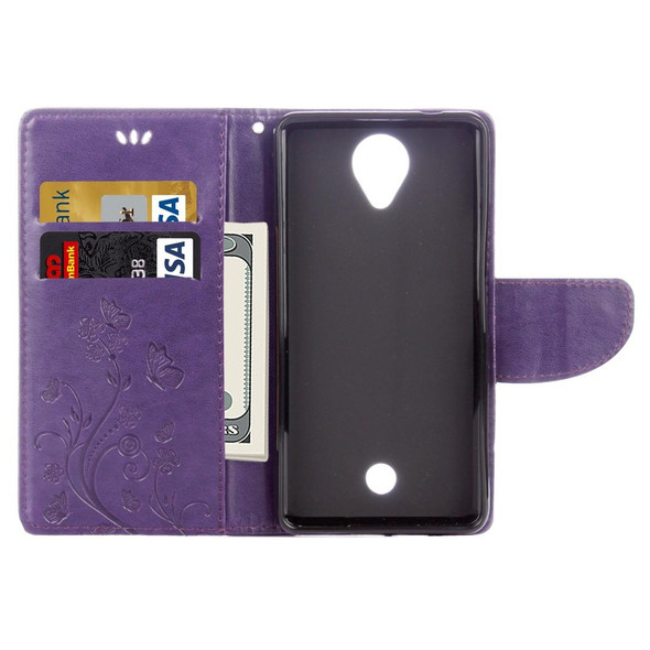 Flowers Embossing Horizontal Flip Leatherette Case for Wiko U Feel, with Holder & Card Slots & Wallet & Lanyard(Purple)