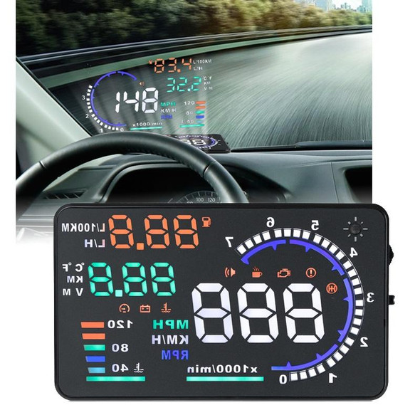 A8 5.5 inch Car OBDII HUD Warning System Vehicle-mounted Head Up Display Projector with LED, Support Fuel Consumption & Over Speed Alarm & Water Temperature & Fault Diagnosis