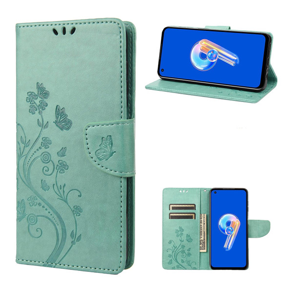 Asus Zenfone 9 Butterfly Flower Pattern Flip Leatherette Phone Case(Green)