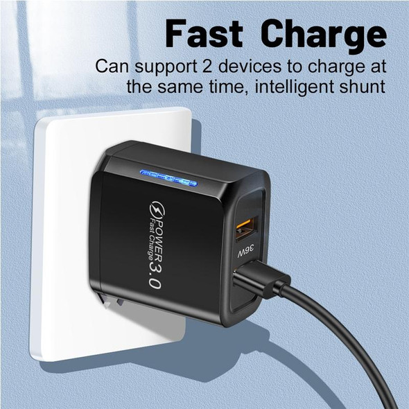 36W Dual Port QC3.0 USB Charger with 3A USB to Micro USB Data Cable, US Plug(Black)