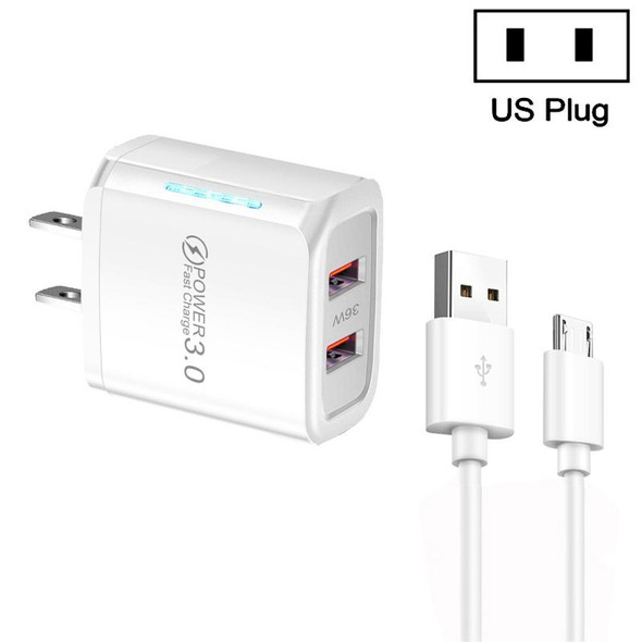 36W Dual Port QC3.0 USB Charger with 3A USB to Micro USB Data Cable, US Plug(White)