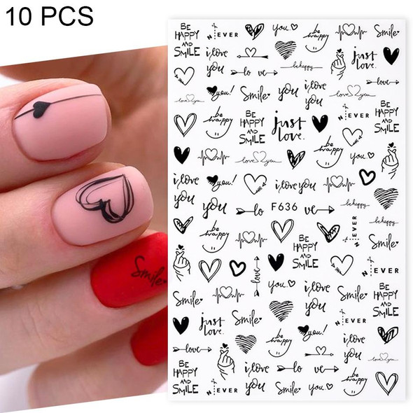 10 PCS Cartoon Heart Letters Comic Character Nail Art Sticker 3D Adhesive Nail Stickers(F636)