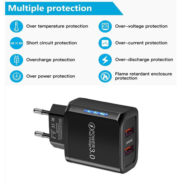 36W Dual Port QC3.0 USB Charger with 3A USB to Micro USB Data Cable, EU Plug(Black)