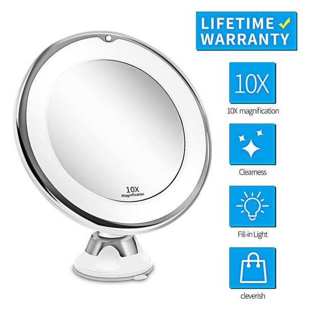 12cm Makeup Mirror with LED Fill Light 10X Magnification Suction Cup Beauty Mirror