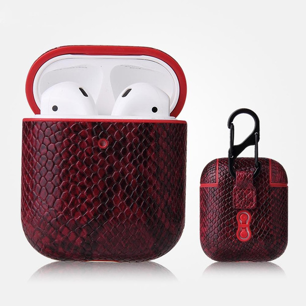 AirPods 1 & 2 Anti-fall Snakeskin Texture PU Leatherette Protective Case with Carabiner(Red)