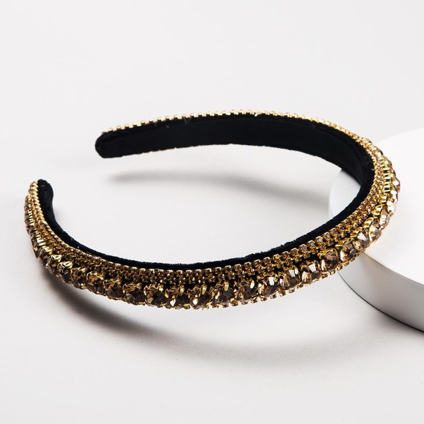 Multi-layer Glass Rhinestones Headband Full Rhinestones Gold Velvet Hairband(Coffee)