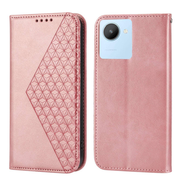 Realme 9 Pro+ Cubic Grid Calf Texture Magnetic Closure Leather Phone Case(Rose Gold)