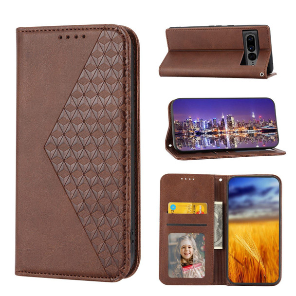 Google Pixel 7 Pro Cubic Grid Calf Texture Magnetic Closure Leather Phone Case(Brown)