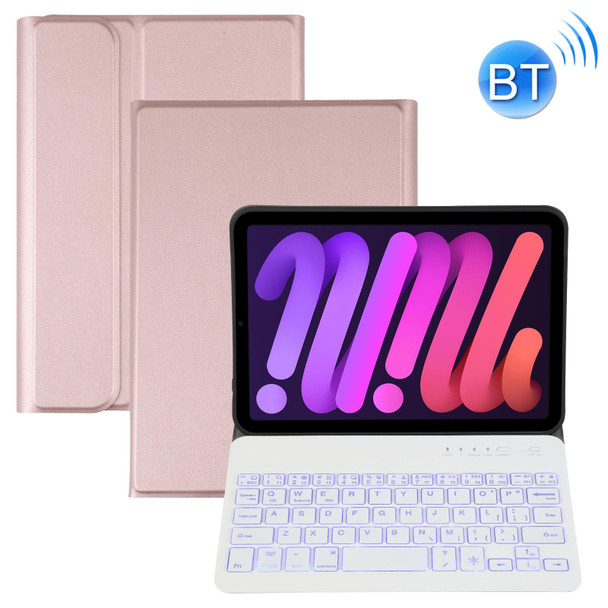 A06S Detachable Lambskin Texture Ultra-thin TPU Backlight Bluetooth Keyboard Leatherette Tablet Case with Stand - iPad mini 6(Rose Gold)