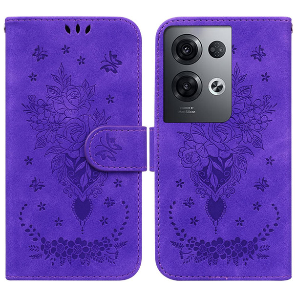 OPPO Reno8 Butterfly Rose Embossed Leather Phone Case(Purple)