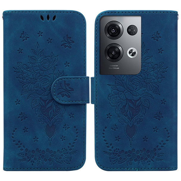 OPPO Reno8 Pro+ Butterfly Rose Embossed Leather Phone Case(Blue)