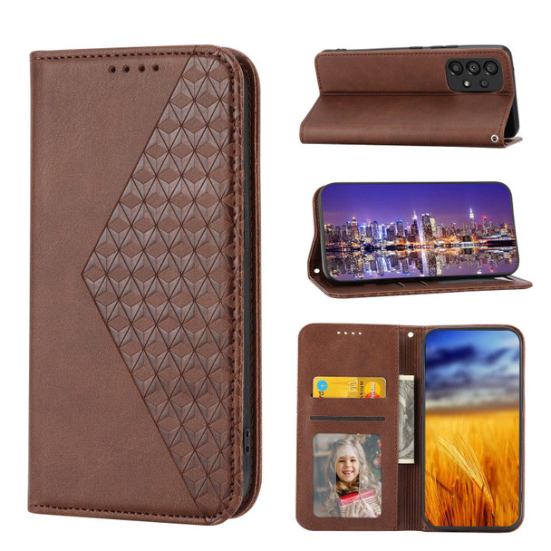 Xiaomi Redmi Note 11 Pro+ Cubic Grid Calf Texture Magnetic Closure Leather Phone Case(Brown)