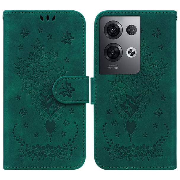 OPPO Reno8 Butterfly Rose Embossed Leather Phone Case(Green)