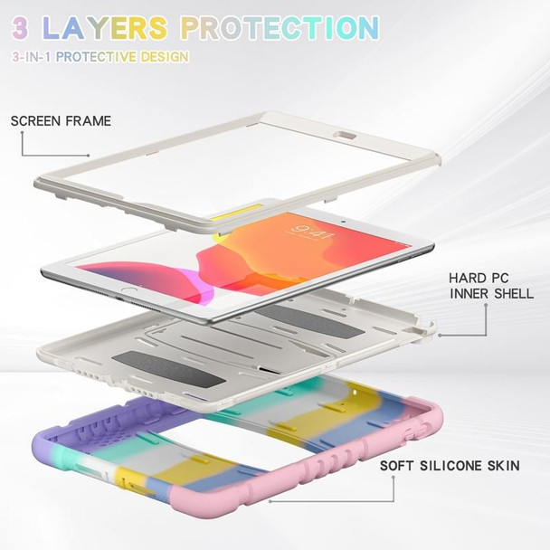 iPad 10.2 2021 / 2020 / 2019 3-Layer Protection Screen Frame + PC + Silicone Shockproof Combination Case with Holder(Colorful Pink)