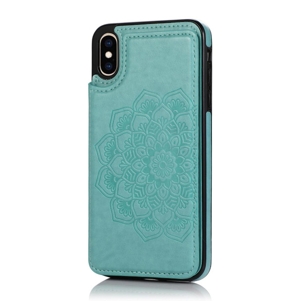 iPhone XS Max Double Buckle Mandala Pattern PU+TPU Protective Case with Card Slots & Holder & Photo Frame(Green)