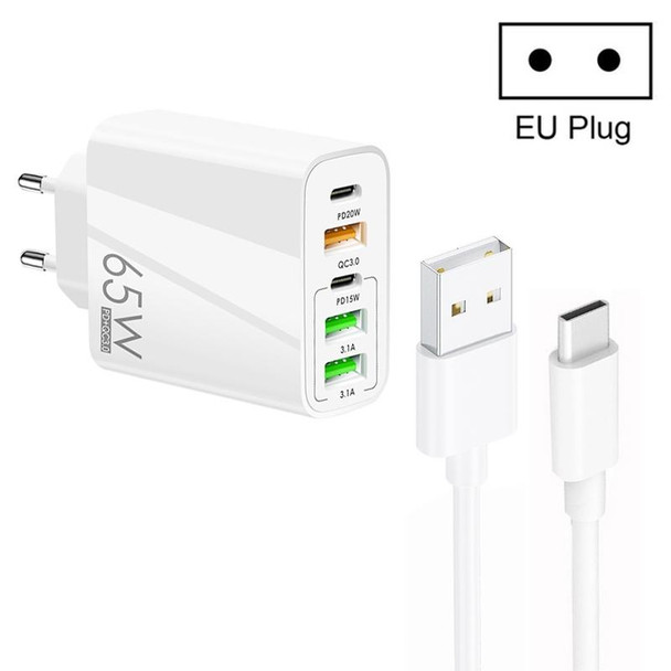 65W Dual PD Type-C + 3 x USB Multi Port Charger with 3A USB to Type-C Data Cable, EU Plug(White)