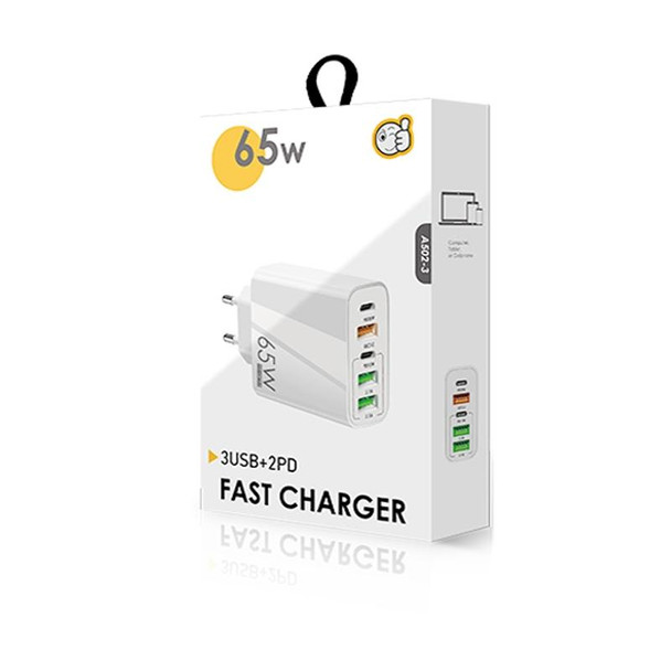 65W Dual PD Type-C + 3 x USB Multi Port Charger with 3A USB to Micro USB Data Cable, EU Plug(White)