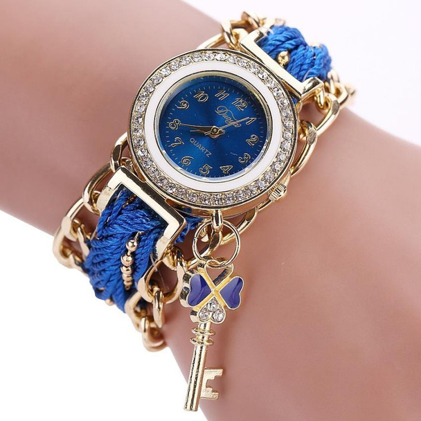 Women Round Dial Diamond Braided Hand Strap Quartz Watch with Key Pendant(Blue)