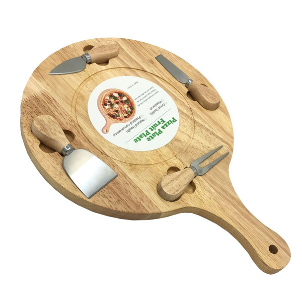 Round Wooden Pizza Board With Knife Set