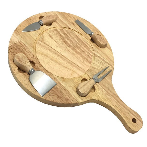 Round Wooden Pizza Board With Knife Set