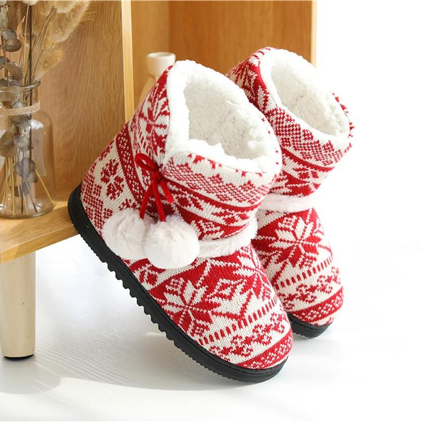 Winter High-Top Cotton Slippers Cotton Slippers With Heel Velvet Thick-Soled Indoor Warm Shoes, Size:35-36(Christmas Red)