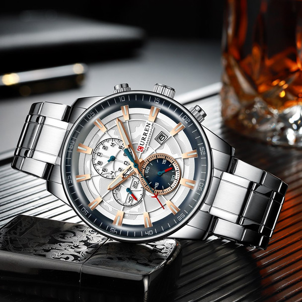 CURREN Men's Watches Luxury Quality Quartz Watch Business Wristwatch Waterproof Chronograph Wristwatch Male Clock - White/Blue