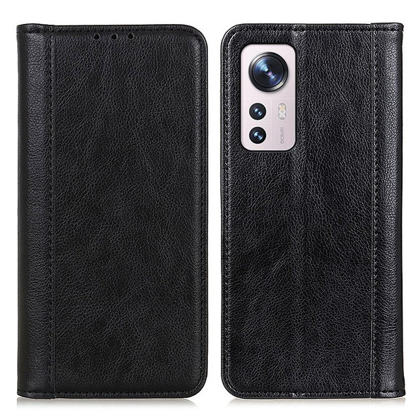 For Xiaomi 12 5G/12X 5G/12S 5G Litchi Texture Split Leather Attached Shockproof TPU Case Folio Magnetic Absorption Stand Flip Wallet Phone Case - Black