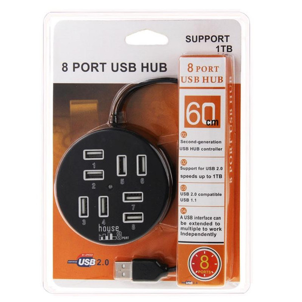 High Speed 8 Ports USB 2.0 Portable Round Hub, Length: 60cmRound Circular 8 Ports USB 2.0 Hub Multi-port Splitter Expansion Adapter for Laptop Notebook PC, Support 1TB Mobile HDD(Black)