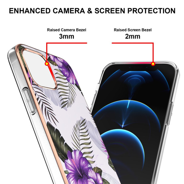 Marble Pattern Design IMD Slim Shockproof Flexible Electroplating TPU Cover Case for iPhone 13 - Purple Flowers