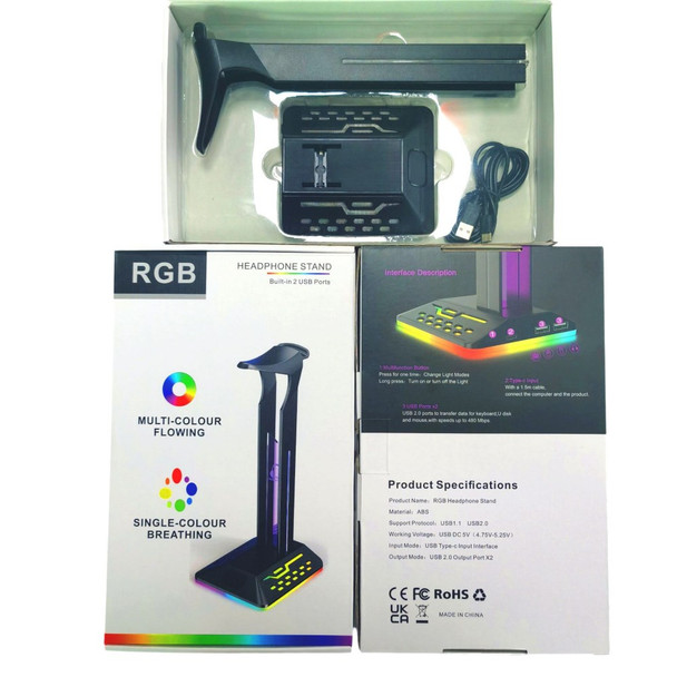 RGBD8 Dual USB Hub Headset Holder RGB Color Changing Light Gaming Headphone Display Stand