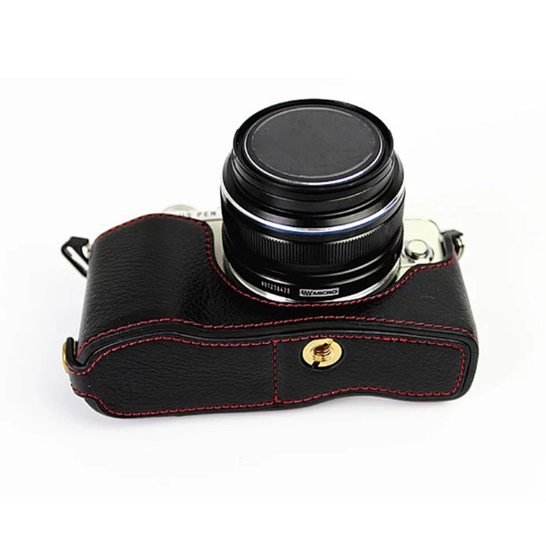 For Olympus E-PL7/PL8/PL9 Genuine Leather Camera Case Half Body Protective Cover with Bottom Opening - Black